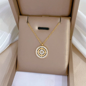 Minimalist Round Disc Pendant Necklace Titanium Steel Rhinestone Roman Numerals Geometric Clavicle Chain Jewelry For Women