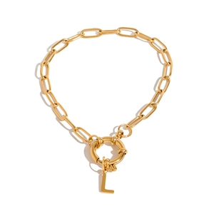 Gold letter L pendant bracelet with chunky link chain design on white background
