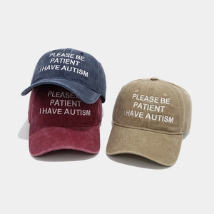 Distressed washed cotton baseball caps with embroidered autism awareness slogan in 3 colors