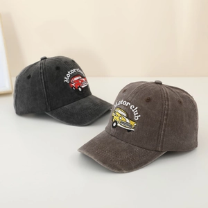 Kids vintage baseball caps with car embroidery in dark grey and brown cotton fabric