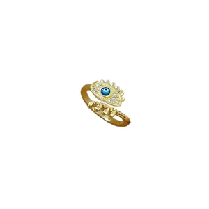 Luxurious gold evil eye adjustable open ring with blue and white zircon stones