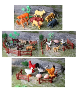 Detailed farm animal toy set with miniature poultry, livestock, and landscape accessories