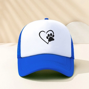 Blue and white trucker hat featuring a black paw heart print and breathable mesh back