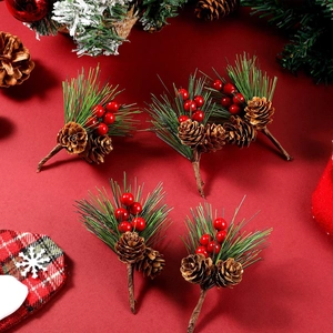 Artificial pine needles with red berries and pine cones for Christmas DIY decor 4pcs
