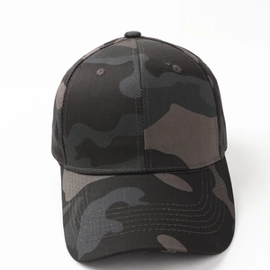 Detail of a tactical camo baseball cap with six-panel construction and reinforced stitching