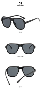Detailed side, front, and back views of black polygon pilot sunglasses with dark lenses