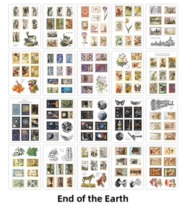 Matrix layout of 20 sheets vintage stamp-style PET stickers with diverse retro themes