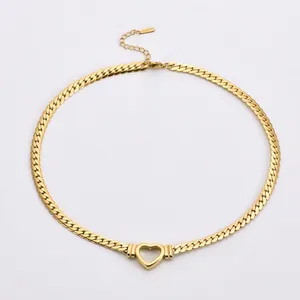 Luxury gold-plated Cuban chain necklace featuring a hollow heart pendant in stainless steel