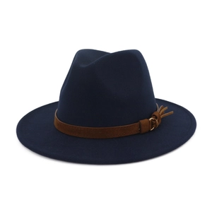 Unisex navy blue wide brim felt Panama hat with brown suede band and metal buckle
