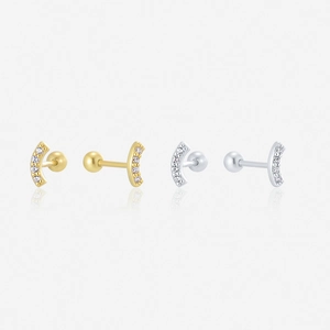 925 Sterling Silver 14K Gold Plated Minimalist Arc Zirconia Stud Earrings For Women Tiny Screw Back Barbell Commuting Jewelry