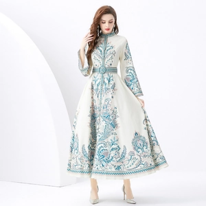 Elegant palace style long floral dress with stand collar and bell sleeves for vacations