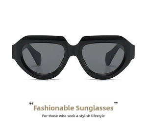 Detailed front view of modern black thick-frame sunglasses with unique geometric polygon shape