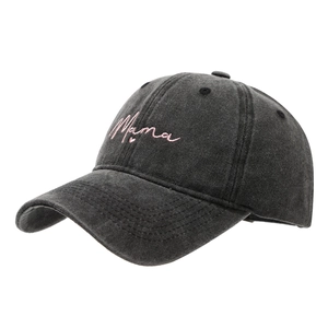 Dark grey washed denim baseball cap featuring pink Mama embroidery and a curved brim
