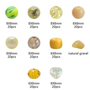 Detailed chart showing sorted natural gravel and glass beads in yellow and green tones