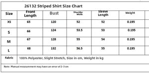 Size guide table for women's long sleeve striped poplin shirt with measurements in cm