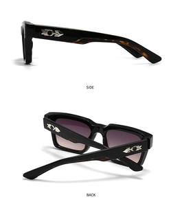 Detailed side and back views of square sunglasses with metal arrow accents and tortoise temples