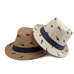 Cappelli di paglia stile fedora per adulti e bambini con stampa di squali blu