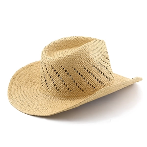 Close-up of khaki hand-woven straw cowboy hat featuring hollow-out breathable mesh detail