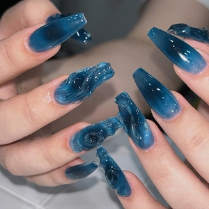 Long Coffin Press On Nails Three Dimensional Ocean Relief Dark Blue Marble Gradient ABS Plastic False Nails For Women