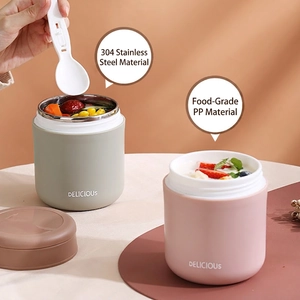 Portable 304 stainless steel soup cups in pink and grey with folding spoons