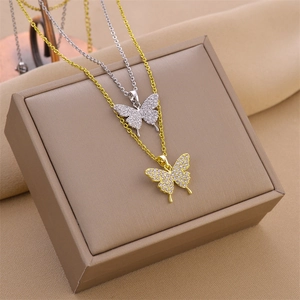 Butterfly Pendant Necklace Titanium Steel Cubic Zirconia Pave Light Luxury Shiny Jewelry For Women Color Preserving