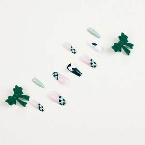 Green checkerboard coffin press-on nails with 3D white bow and heart patterns