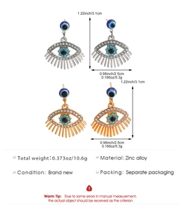 Detailed size specifications for evil eye eyelash earrings in gold and silver zinc alloy