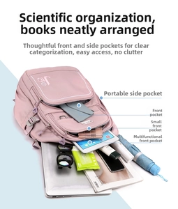 Detailed interior storage of pink waterproof backpack showing multi-layer compartments