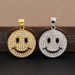 Collana Con Pendente Viso Sorridente Acciaio Inossidabile Iced Out Strass Completo Medaglione Rotondo Gioielli Hiphop