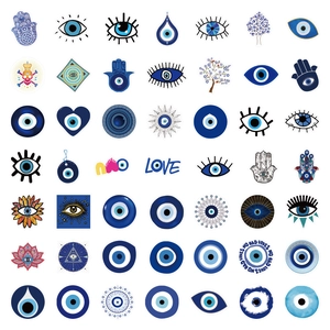Pack of 50 waterproof blue evil eye and hamsa hand stickers for laptop and phone case