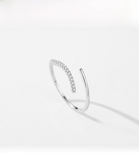 Macro shot of minimalist s925 silver adjustable ring featuring pavé set zircon detail