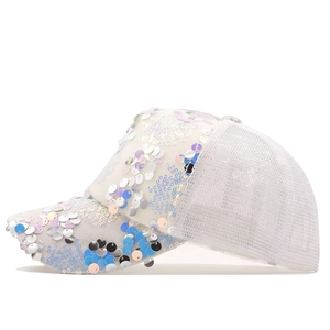 Side view of white mesh baseball cap featuring colorful sequins and breathable mesh