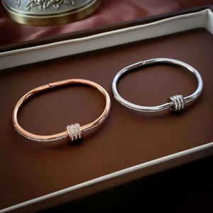 Detail of rose gold and silver titanium steel bracelets with cubic zirconia in a jewelry box