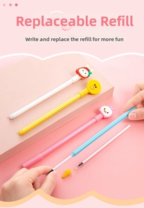 Close-up of cute cartoon pens with replaceable ink refills and animal topper details