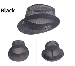 Detailed view of black breathable mesh jazz hat with decorative leather belt and metal buckle