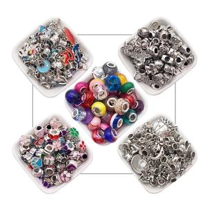 Colorful DIY charm set with large-hole glass beads and enamel pendants in white trays