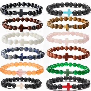 Natural Stone Cross Beaded Bracelet Volcanic Lava Tiger Eye Agate Turquoise Elastic Rope Jewelry Gift For Men Women