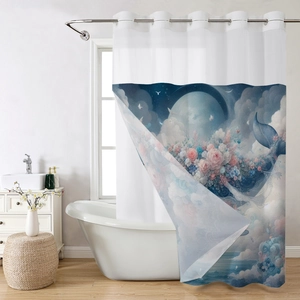 Detailed close-up of a waterproof fabric shower curtain with artistic whale tail floral print