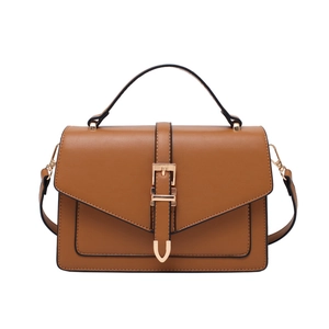 Brown leather crossbody square bag with multiple compartments and premium metal clasp