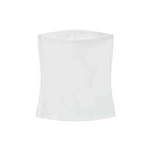 Detail showing the clean stitching and elastic fabric of the white strapless bandeau top