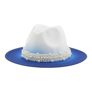 Tie-dye gradient wool fedora hat with luxury pearl trim on white background