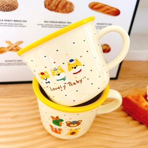 Cute cartoon shiba inu and bear ceramic coffee mug with colorful polka dots and round handle