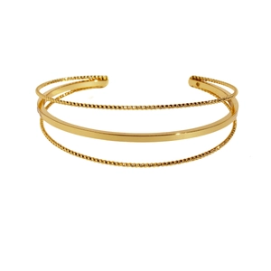 Minimalist three-layer gold plated open cuff bracelet with twisted and smooth metal textures