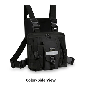 Close-up of black tactical chest rig bag with reflective strips and multi-pocket design
