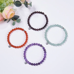 Charming 6mm natural amethyst stone beaded bracelets with silver heart pendants on white