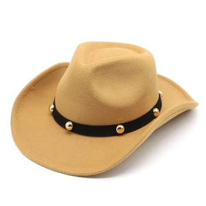 Detail of camel wool fedora hat featuring black velvet band and gold studded accents