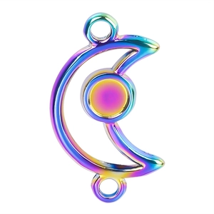 Rainbow-plated stainless steel moon and circle jewelry connector with dual connection loops