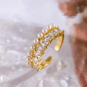 Bague Ouverte Élégante en Cuivre Avec Zircone et Künstliche Perles pour Femmes Réglable Vintage Français Géométrique Or Strass Bijoux