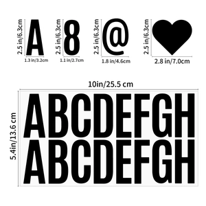 Detailed size chart for black letter stickers with clear height and width measurements
