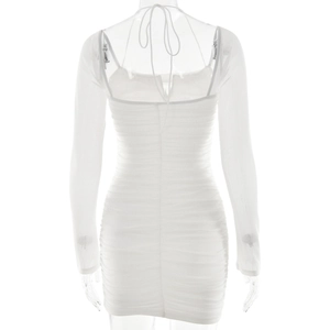 Detailed back view of white mesh bodycon dress with square neck and ruched detailing